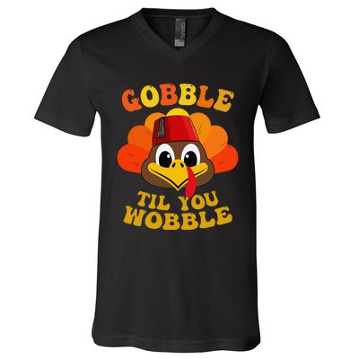 Gobble Til You Wobble Thanksgiving Day V-Neck T-Shirt