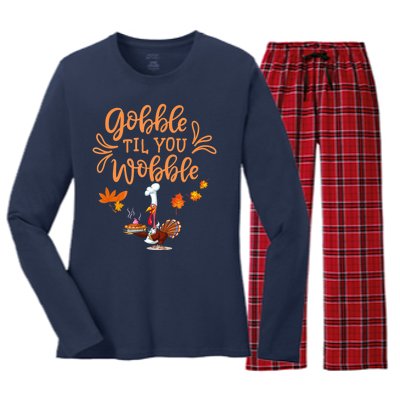 Gobble Til You Wobble Thanksgiving Women's Long Sleeve Flannel Pajama Set 