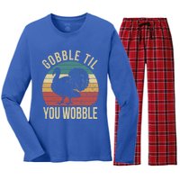 Gobble Till You Wobble Vintage Retro Thanksgiving Turkey Gift Women's Long Sleeve Flannel Pajama Set 