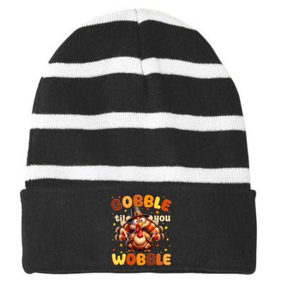 Gobble Til You Wobble Thanksgiving Turkey Striped Beanie with Solid Band