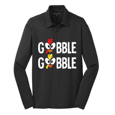 Gobble Til You Wobble Cute Turkey Thanksgiving Leopard Silk Touch Performance Long Sleeve Polo