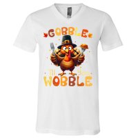 Gobble Til You Wobble Thanksgiving Turkey V-Neck T-Shirt