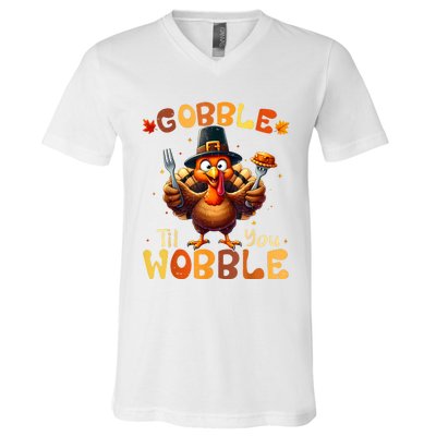 Gobble Til You Wobble Thanksgiving Turkey V-Neck T-Shirt