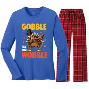 Gobble Till You Wobble Dabbing Turkey Family Thanksgiving Gift Women's Long Sleeve Flannel Pajama Set 