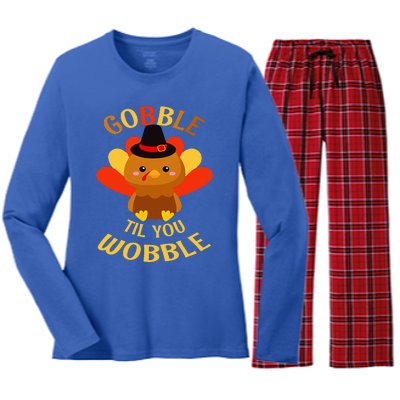 Gobble Til You Wobble Baby Thanksgiving Women's Long Sleeve Flannel Pajama Set 