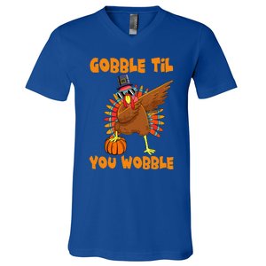 Gobble Til You Wobble Dabbing Turkey Thanksgiving V-Neck T-Shirt