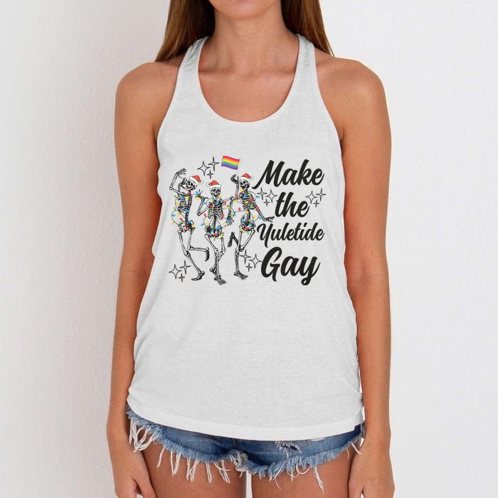 Gay Ugly Christmas Lgbt Pride Holiday Make The Yuletide Gay Dancing Skeleton Women's Knotted Racerback Tank