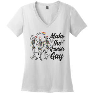 Gay Ugly Christmas Lgbt Pride Holiday Make The Yuletide Gay Dancing Skeleton Women's V-Neck T-Shirt