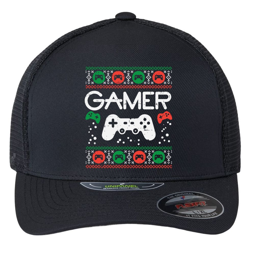 Gamer Ugly Christmas Sweater Retro Video Game Xmas Boys Gift Flexfit Unipanel Trucker Cap