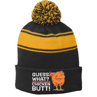 Guess What? Chicken Butt! Funny Joke Stripe Pom Pom Beanie