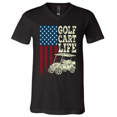 Golf Us Flag Golf Cart Life Gift Funny Golf V-Neck T-Shirt