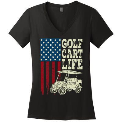 Golf Us Flag Golf Cart Life Gift Funny Golf Women's V-Neck T-Shirt