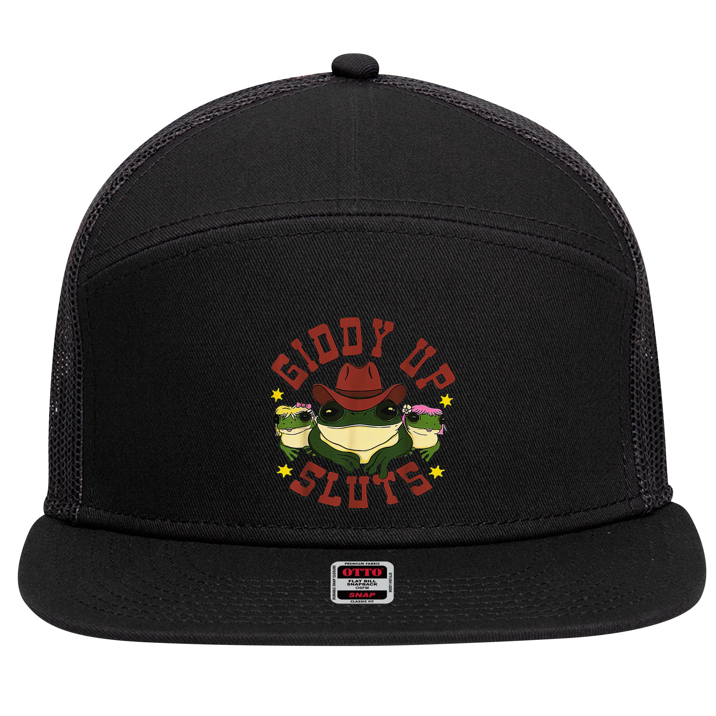 Giddy Up Funny Frogs Funny Western Country 7 Panel Mesh Trucker Snapback Hat