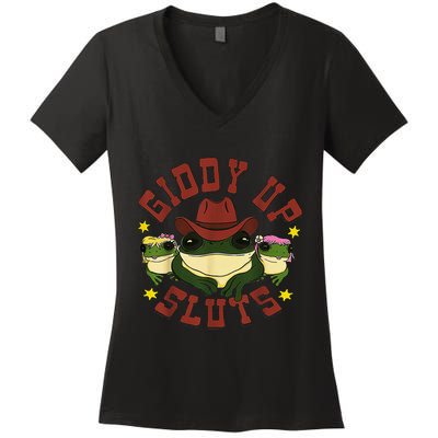 Giddy Up Funny Frogs Funny Western Country Women's V-Neck T-Shirt