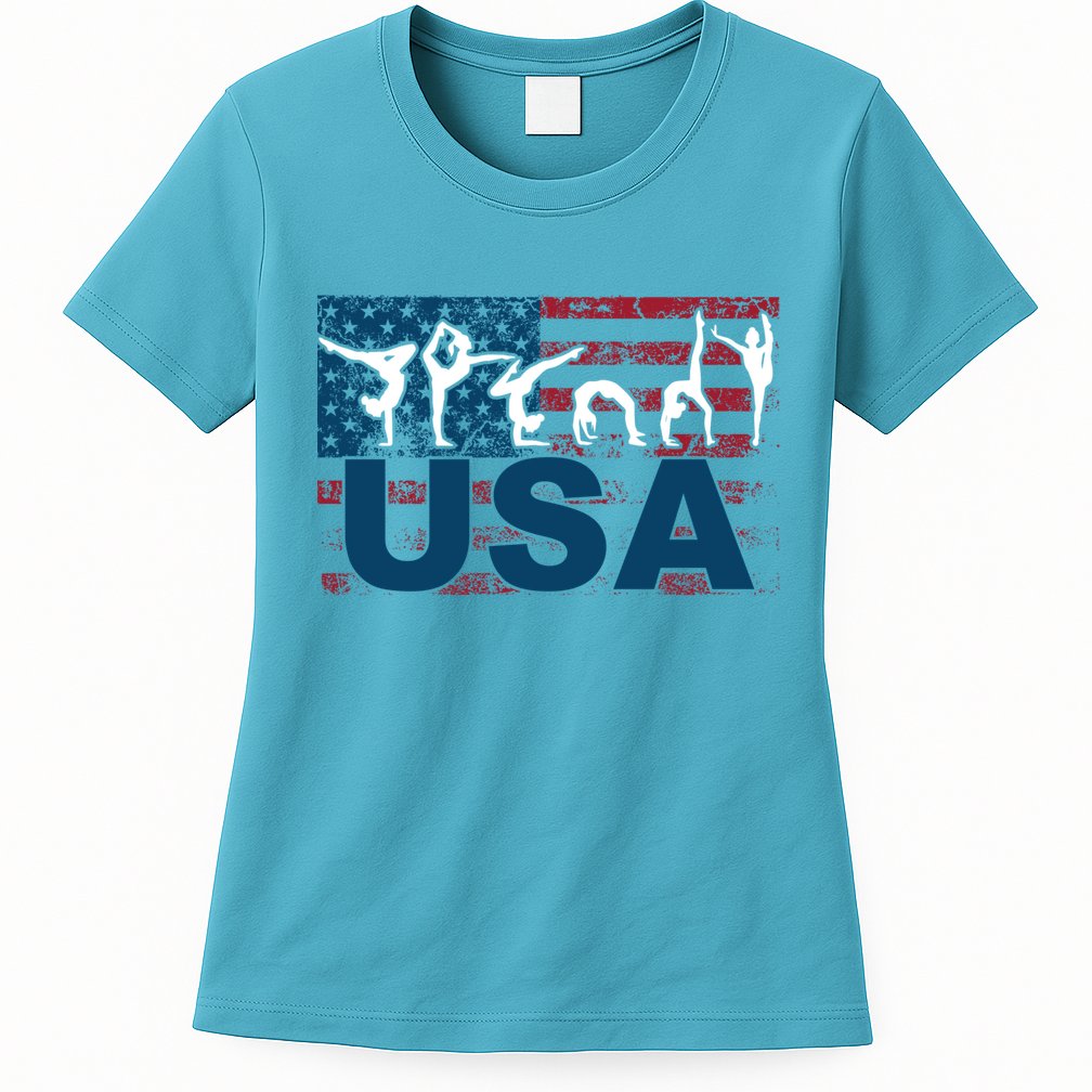 Gymnastics Usa Girl Patriotism Funny Sports Us American Gift Womens T-Shirt