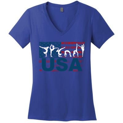 Gymnastics Usa Girl Patriotism Funny Sports Us American Gift Cute Gift Women's V-Neck T-Shirt