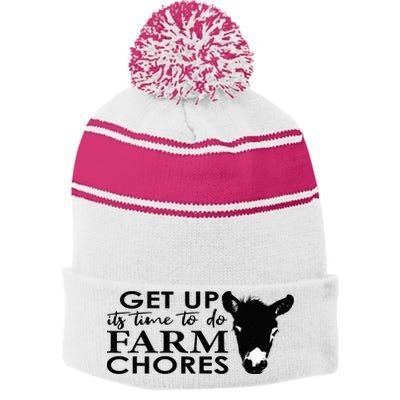 get up its time to do farm chores Stripe Pom Pom Beanie