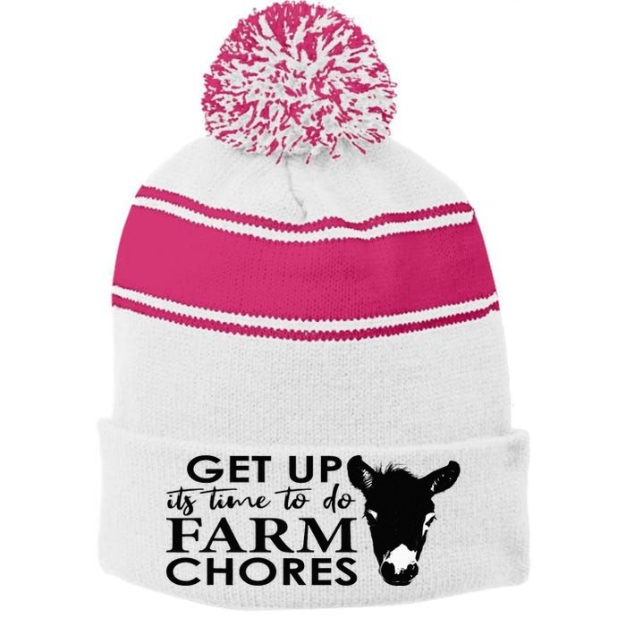 get up its time to do farm chores Stripe Pom Pom Beanie
