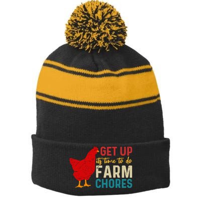 Get Up Its Time To Do Farm Chores Stripe Pom Pom Beanie