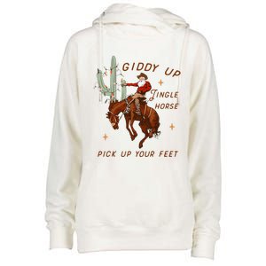 Giddy Up Jingle Horse Pick Up Your Feet Cowboy Santa Xmas  Womens Funnel Neck Pullover Hood