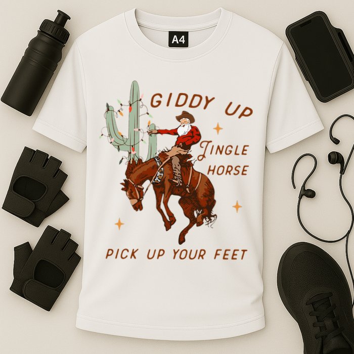 Giddy Up Jingle Horse Pick Up Your Feet Cowboy Santa Xmas  Cooling Performance Crew T-Shirt