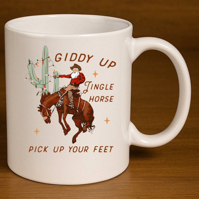Giddy Up Jingle Horse Pick Up Your Feet Cowboy Santa Xmas  11oz C Handle Ceramic Mug