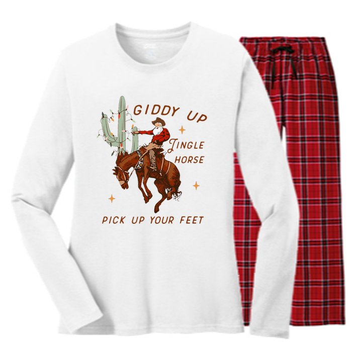 Giddy Up Jingle Horse Pick Up Your Feet Cowboy Santa Xmas  Women's Long Sleeve Flannel Pajama Set 