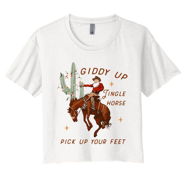 Giddy Up Jingle Horse Pick Up Your Feet Cowboy Santa Xmas  Women's Crop Top Tee