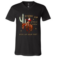 Giddy Up Jingle Horse Pick Up Your Feet Cowboy Santa Cactus V-Neck T-Shirt