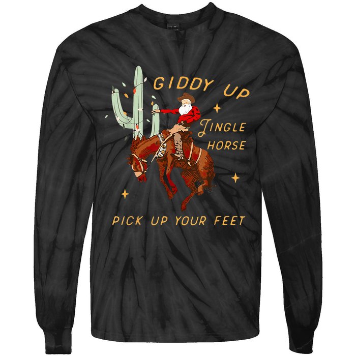 Giddy Up Jingle Horse Pick Up Your Feet Cowboy Santa Cactus Tie-Dye Long Sleeve Shirt