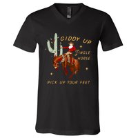 Giddy Up Jingle Horse Pick Up Your Feet Cowboy Santa Xmas V-Neck T-Shirt