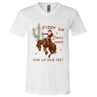 Giddy Up Jingle Horse Pick Up Your Feet Cowboy Santa Xmas V-Neck T-Shirt