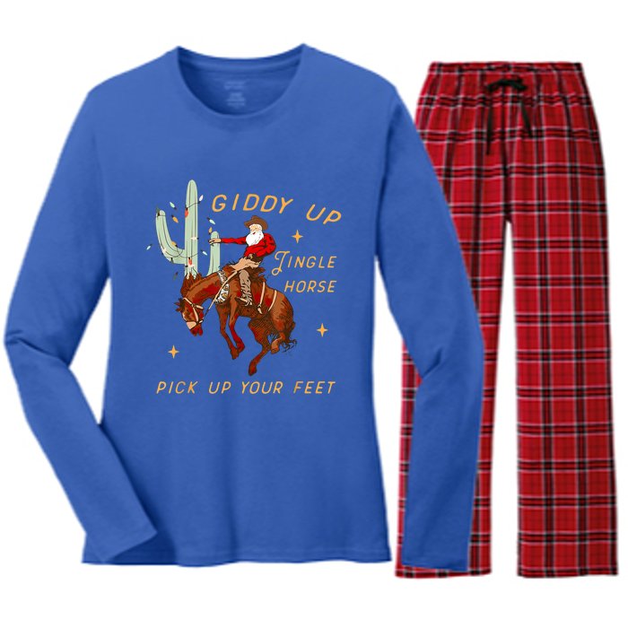 Giddy Up Jingle Horse Pick Up Your Feet Cow Santa Cactus Meaningful Gift Women's Long Sleeve Flannel Pajama Set 