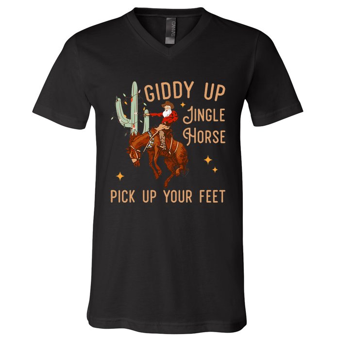 Giddy Up Jingle Horse Pick Up Your Feet Cow Santa Xmas V-Neck T-Shirt