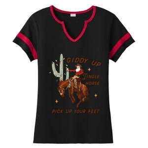 Giddy Up Jingle Horse Pick Up Your Feet Western Christmas Santa Ladies Halftime Notch Neck Tee