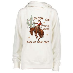 Giddy Up Jingle Horse Pick Up Your Feet Western Christmas Santa Womens Funnel Neck Pullover Hood