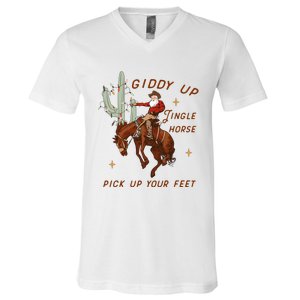 Giddy Up Jingle Horse Pick Up Your Feet Western Christmas Santa V-Neck T-Shirt