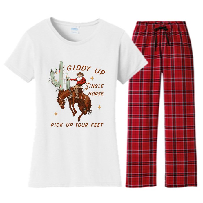 Giddy Up Jingle Horse Pick Up Your Feet Western Christmas Santa Women's Flannel Pajama Set