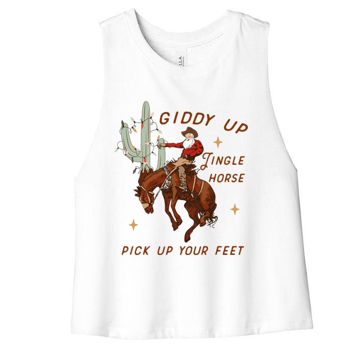 Giddy Up Jingle Horse Pick Up Your Feet Western Christmas Santa Women's Racerback Cropped Tank