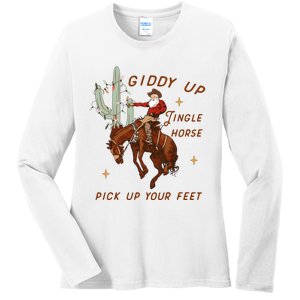 Giddy Up Jingle Horse Pick Up Your Feet Western Christmas Santa Ladies Long Sleeve Shirt