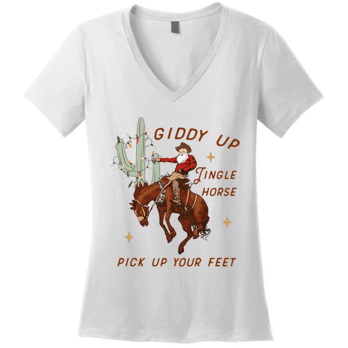 Giddy Up Jingle Horse Pick Up Your Feet Western Christmas Santa Women's V-Neck T-Shirt