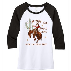 Giddy Up Jingle Horse Pick Up Your Feet Western Christmas Santa Women's Tri-Blend 3/4-Sleeve Raglan Shirt