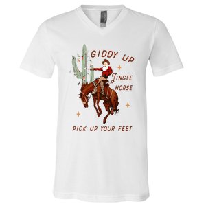 Giddy Up Jingle Horse Pick Up Your Feet Cowboy Santa Cactus V-Neck T-Shirt