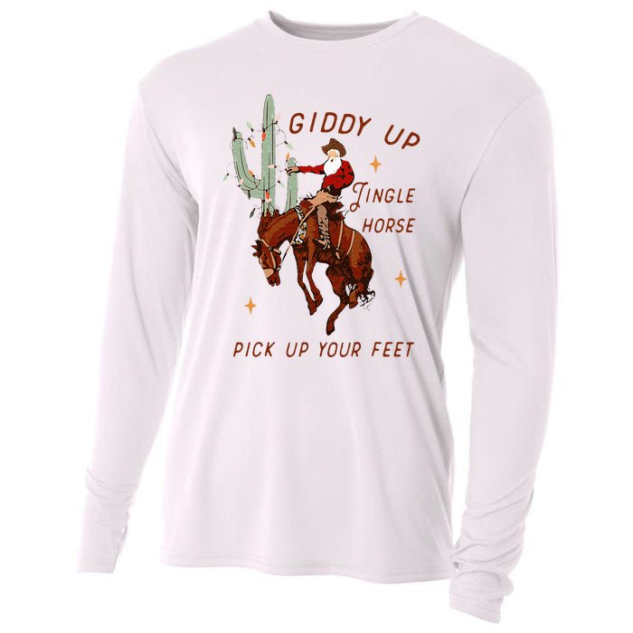 Giddy Up Jingle Horse Pick Up Your Feet Cowboy Santa Cactus Cooling Performance Long Sleeve Crew