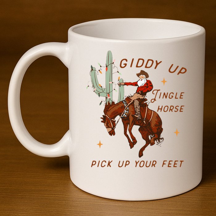 Giddy Up Jingle Horse Pick Up Your Feet Cow Santa Xmas 11oz C Handle Ceramic Mug