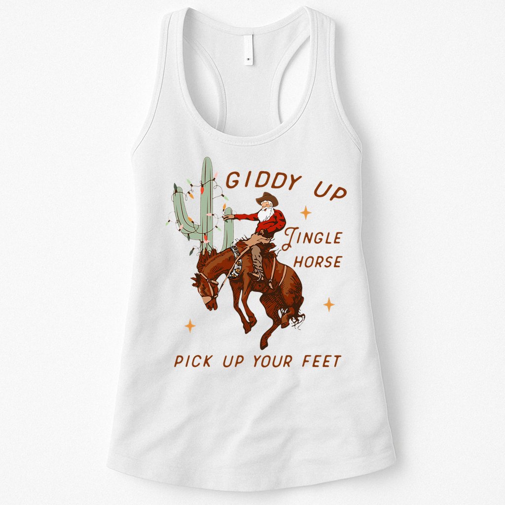 Giddy Up Jingle Horse Pick Up Your Feet Cow Santa Xmas Womens Tank Top