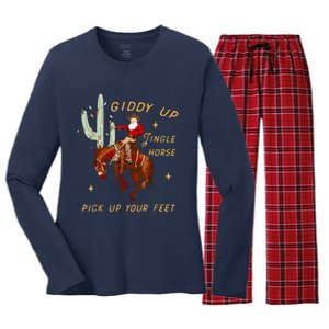 Giddy Up Jingle Horse Pick Up Your Feet Cowboy Santa Cactus Women's Long Sleeve Flannel Pajama Set 