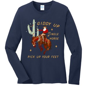 Giddy Up Jingle Horse Pick Up Your Feet Cowboy Santa Cactus Ladies Long Sleeve Shirt