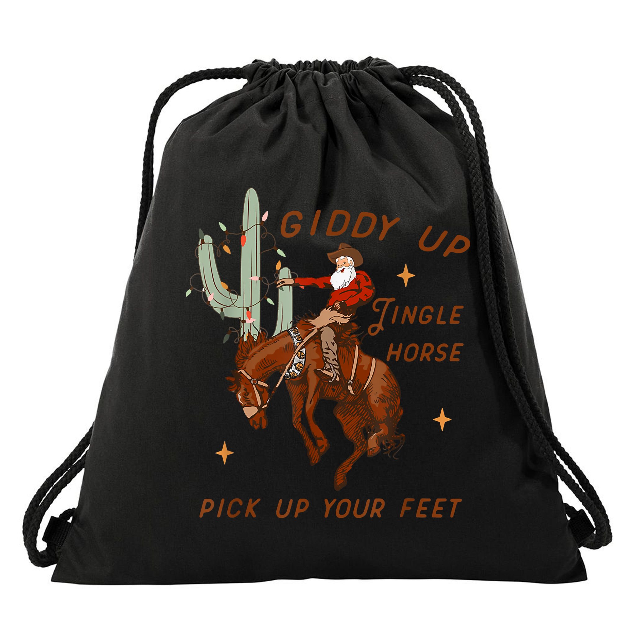 Giddy Up Jingle Horse Pick Up Your Feet Cowboy Santa Xmas Drawstring Bag
