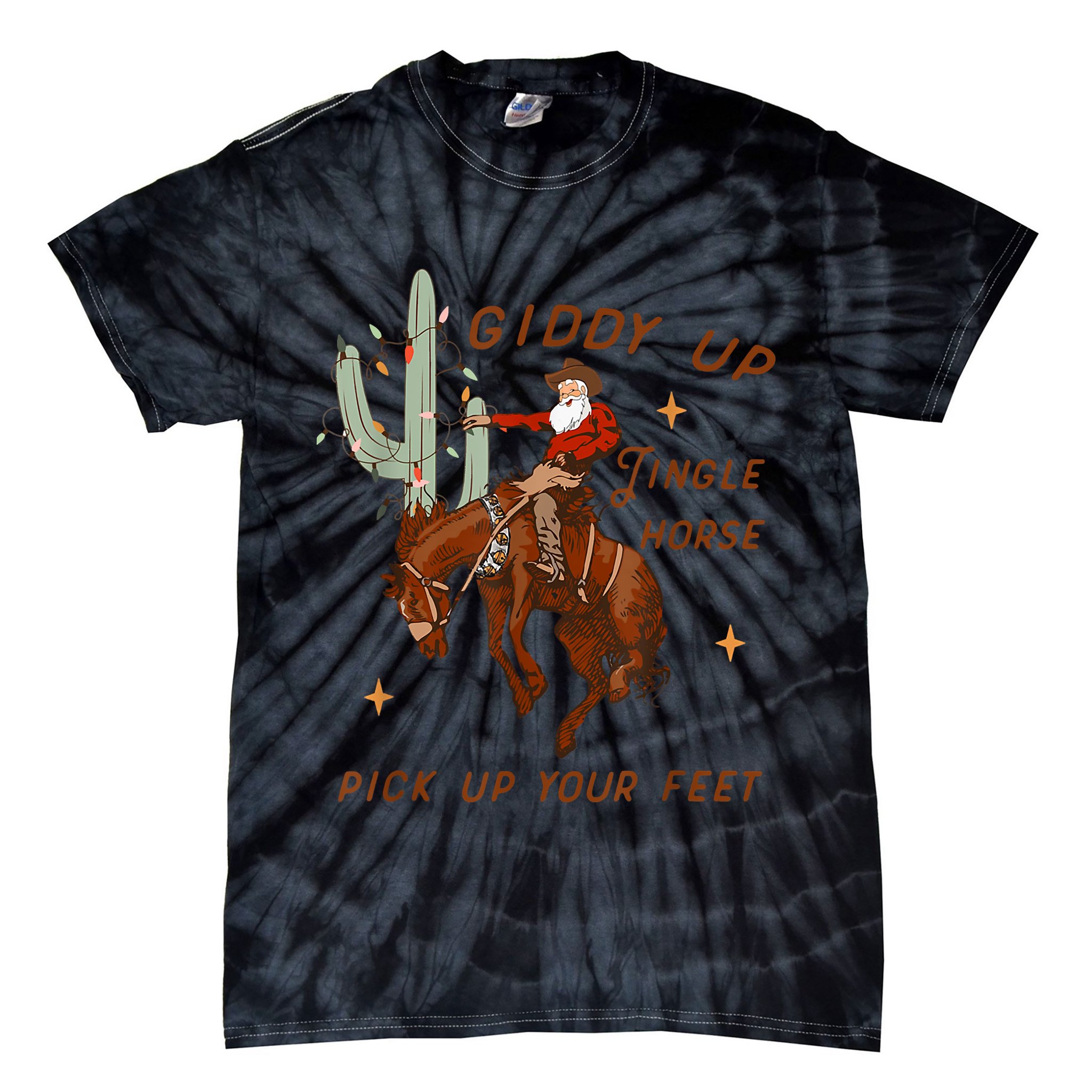 Giddy Up Jingle Horse Pick Up Your Feet Cowboy Santa Xmas Tie-Dye T-Shirt